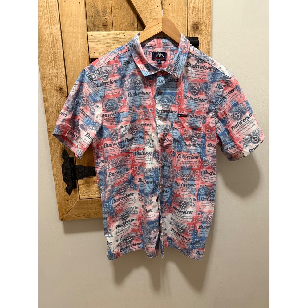 Billabong x Budweiser Mens Red White Blue Label Print Short Sleeve Shirt Medium